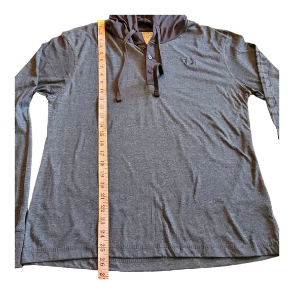 True Religion Hooded Henley Shirt Dark Blue Heathered Cotton Blend Size Medium